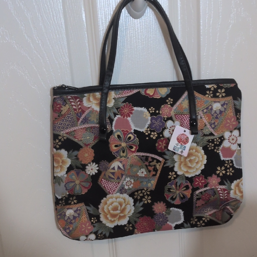 ✅NWT Japanese Kimono Print Bag Purse Black Red Oriental Asian Tokyo Harajuku